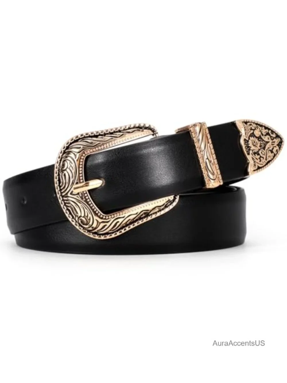 Western Faux Leather Belt with Vintage Metal Buckle for Women